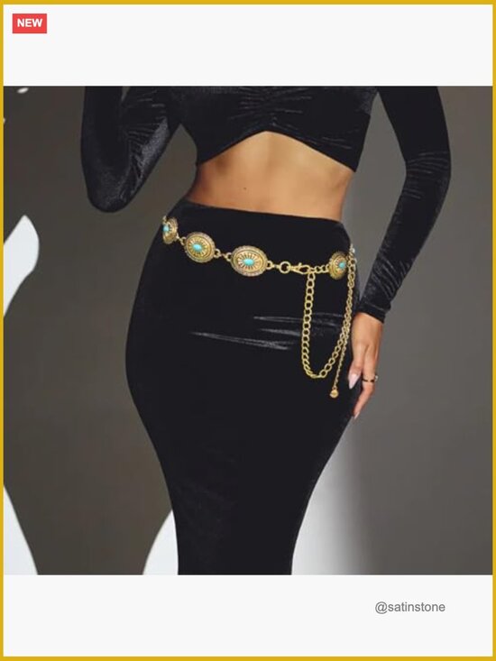 Metal Concho Chain Belt with Turquoise Accents Western Cowgirl Waist Chain main image 7